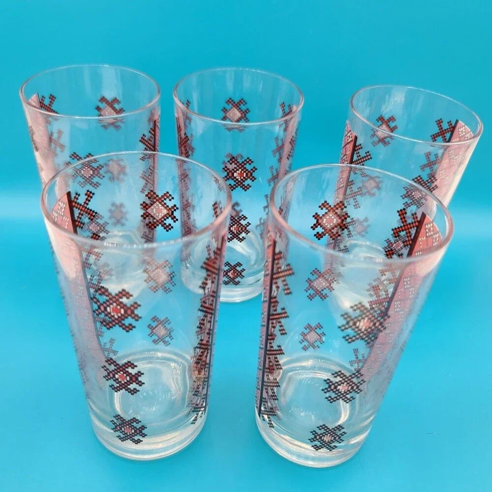 Red Black And White Design Glasses 4.5 Inches Tall Tumblers Set of 5
